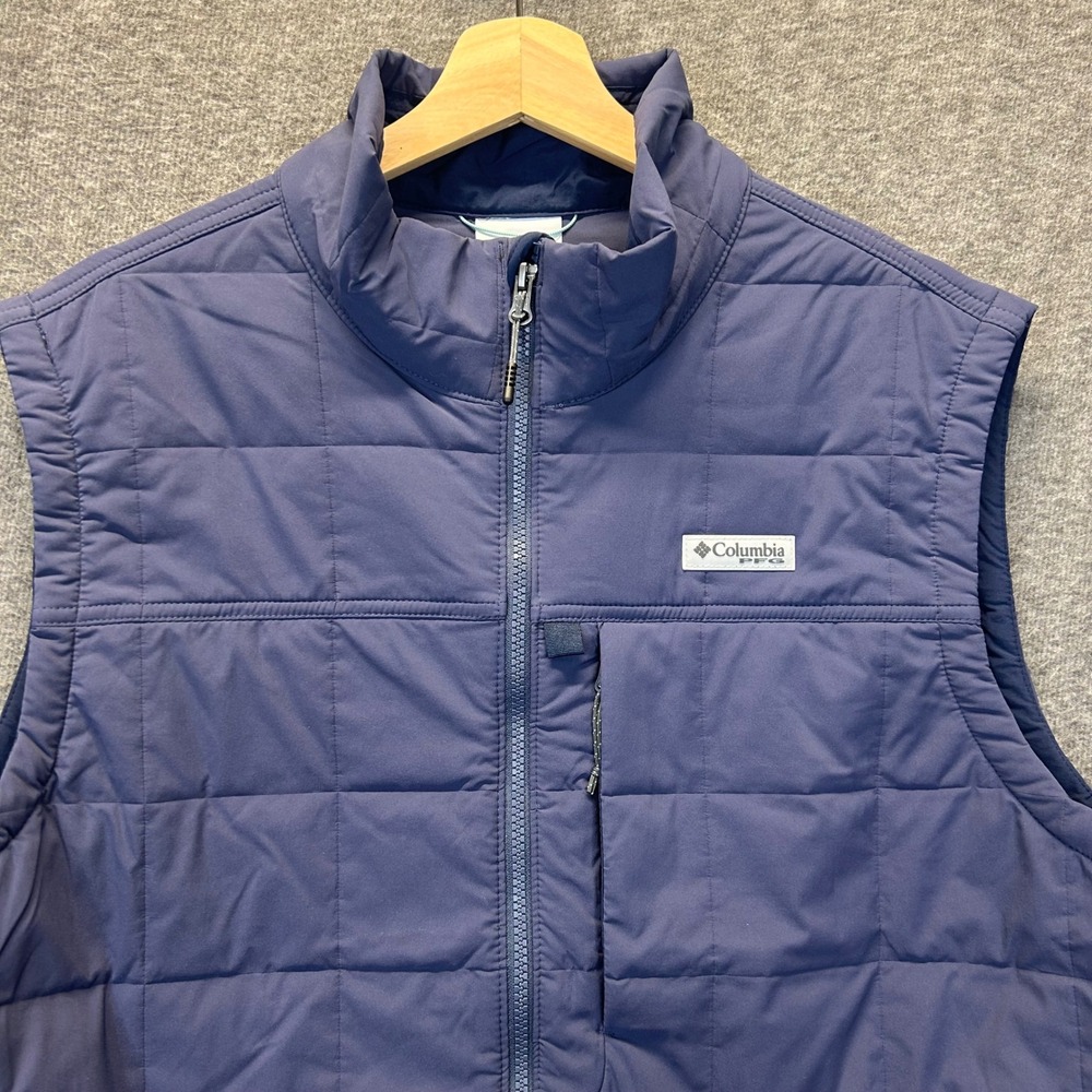 Columbia PFG Mens Navy Blue Quilted Full Zip Fishing Vest Large Mock Neck